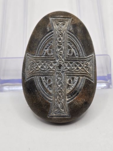 laser engraved river rock with celtic cross